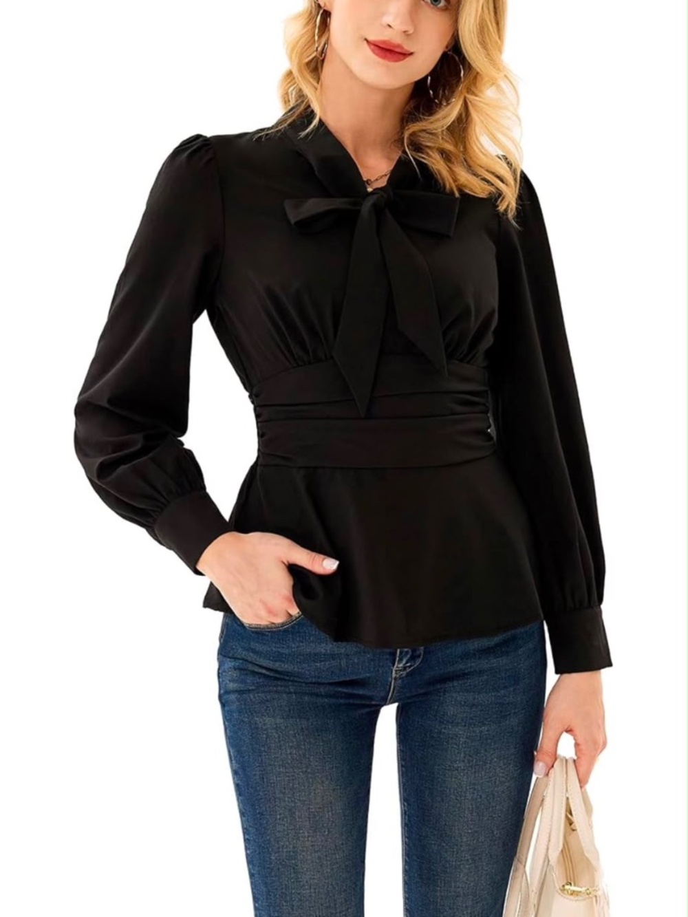 Long Sleeve Peplum Bow Tie Blouse